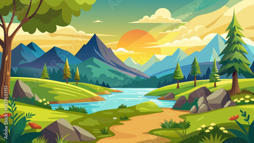 Vector art of idyllic cartoon landscape at sunset, featuring rolling green hills and mountains bordering a tranquil river, bathed in warm golden light with a vibrant sky
