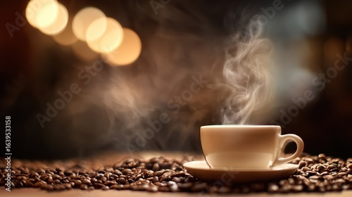 A steaming cup of coffee is placed on a scattered bean, and the blurred background focuses on a refreshing and appetizing drink in a cozy light, evoking comfort and luxury, easing everyday visuals.