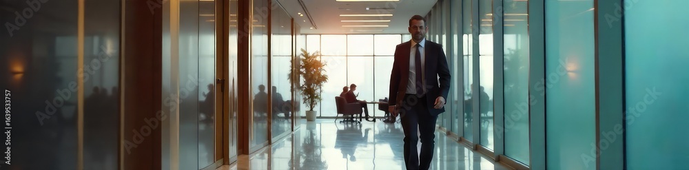 Fototapeta premium Confident Executive Striding Through Modern Office, Success and Elegance