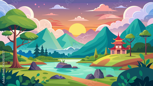Vector art of serene asian landscape with a traditional temple nestled amongst rolling green hills and a tranquil river at sunset, evoking peace and natural beauty