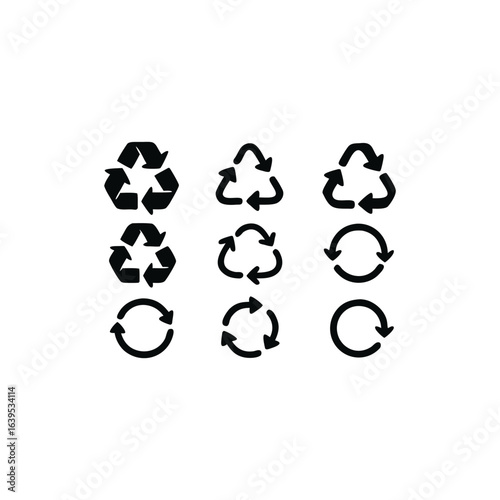 Collection of Different Recycle Symbols Showing Circular Arrows and Recycling Icon Variants in Black and White Design Element