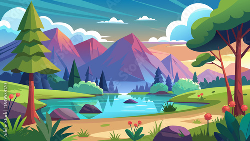 Vector art of stylized cartoon landscape featuring a tranquil river reflecting colorful mountains and trees under a dynamic sky with clouds during golden hour