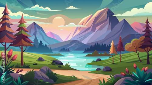 Vector art of vibrant cartoon landscape illustration of majestic mountains, a winding river, and lush green trees under a colorful sky with sun and clouds at dawn or dusk