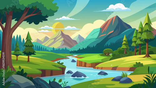 Vector art of vibrant cartoon landscape illustration of majestic mountains, a winding river, and lush green trees under a colorful sky with sun and clouds at dawn or dusk