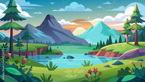 Vector art of majestic mountain range with a serene river cutting through a lush green valley during a colorful sunset, picturesque nature scene