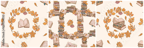 Romantic literary autumn strip pattern set in folk style. Yellow leaves and open book. Bookstore print wallpaper.