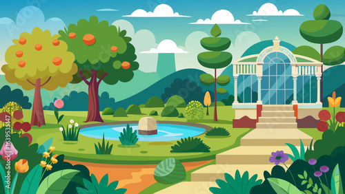 Vector art of enchanting garden landscape with fruit trees, a tranquil pond, blooming flowers, and a glasshouse, showcasing a delightful natural setting
