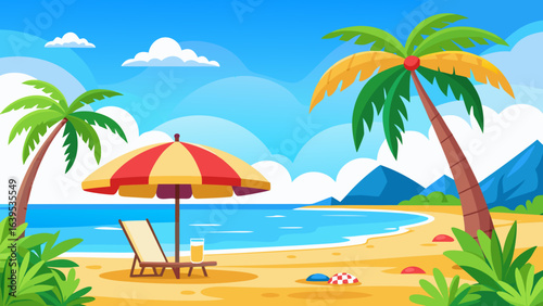 Vector art of idyllic tropical beach with palm trees, a colorful umbrella, and a lounge chair with a drink, set against a clear blue sky and calm ocean waters