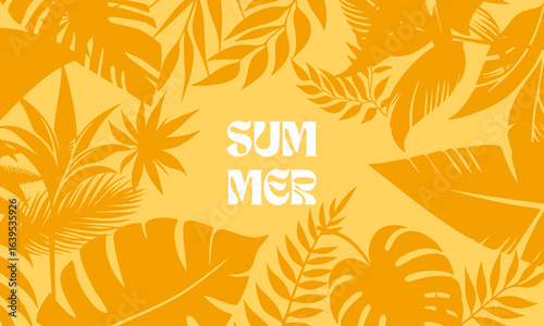 Summer bright tropical yellow background with monstera leaves and other tropical plants. Botanical vector illustration