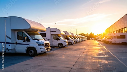 Line of white camper vans at sunset in outdoor parking lot