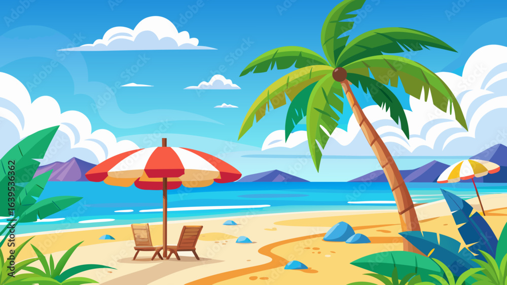 Obraz premium Vector art of colorful cartoon depiction of a tropical beach with two palm trees, a large umbrella with chairs, and a smaller umbrella in the distance, overlooking the ocean and mountains
