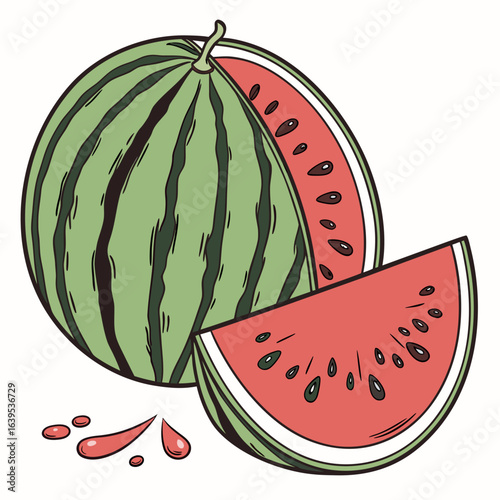 Green striped watermelon slices and drops fruit food