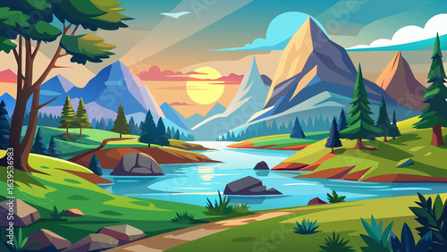 Vector art of stylized cartoon mountain range with a serene river flowing through a green valley, illuminated by a warm sunrise and dotted with pine trees