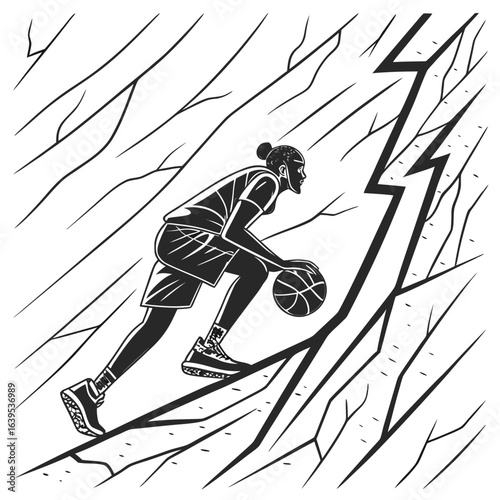 Athlete dribbling basketball on cracked surface sport