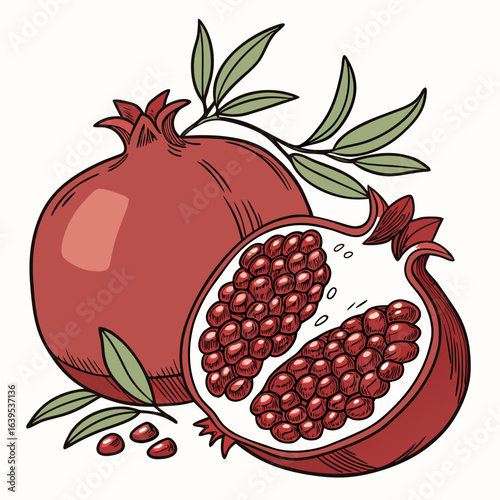 Whole and halved pomegranate with leaves fruit green