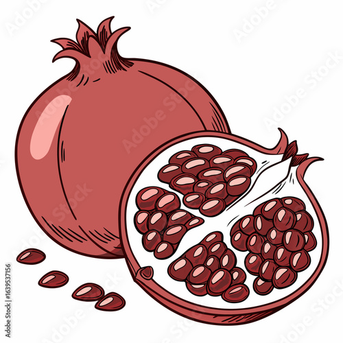 Whole and halved pomegranate with seeds fruit