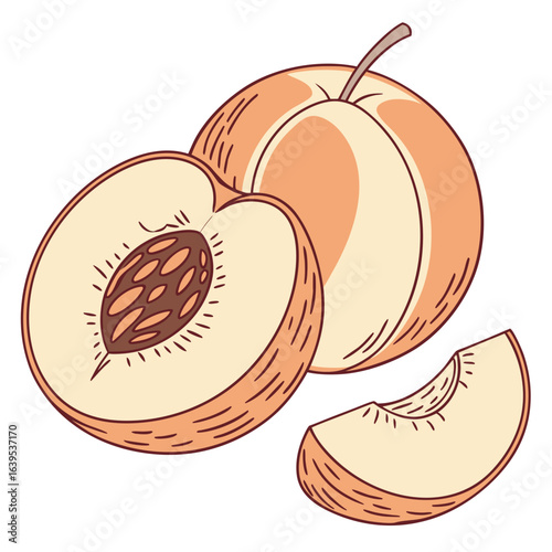 Whole and sliced peaches with pit fruit food