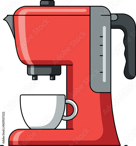 Red coffee maker brewing hot beverage in cup
