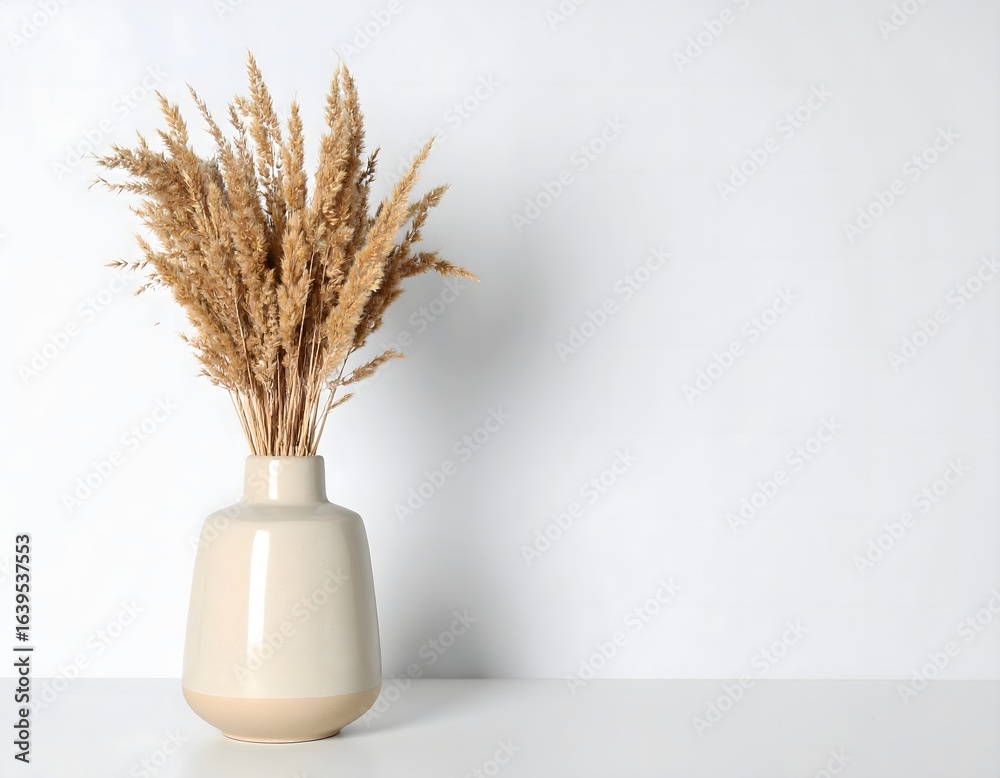 Naklejka premium Dried wheat stalks arranged in a beige ceramic vase, set against a clean white background, casting a soft shadow.