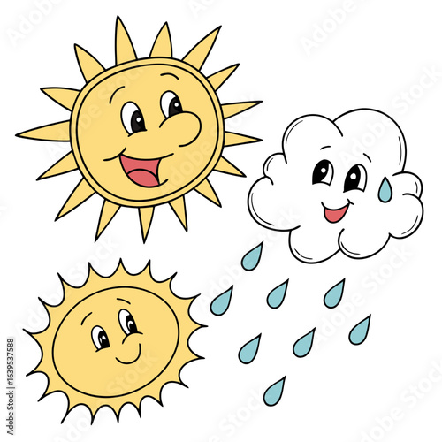 Smiling suns and raining cloud weather cartoon