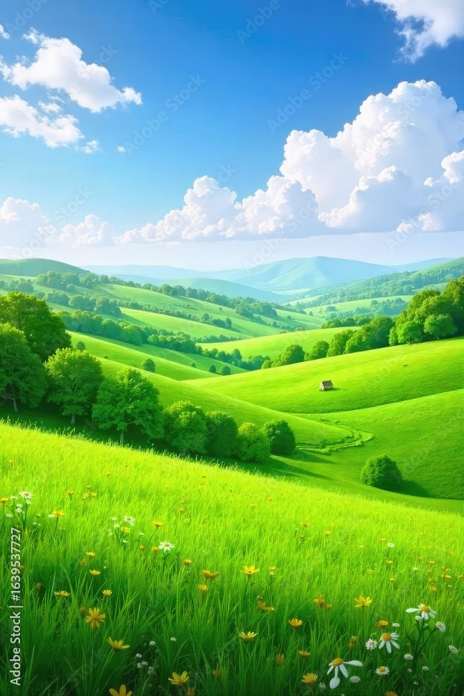 Fototapeta premium Serene rolling hills of lush green pastureland, dotted with wildflowers under a bright blue sky Perfect for nature, agriculture, or pastoral themed projects , horizon, serenity, open space