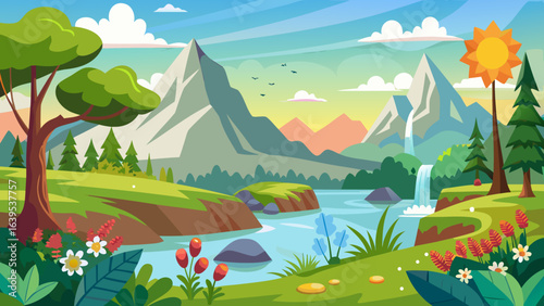 Vector art of picturesque cartoon vista of snowcapped mountains, a tranquil river with a cascading waterfall, rolling green hills, and vibrant flora under a clear sky