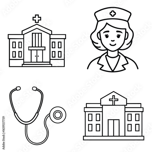 Four simple black and white line drawings depicting medical icons hospital building nurse and stethoscope