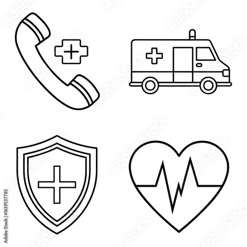 Collection of medical icons including a telephone ambulance shield and heart with electrocardiogram line
