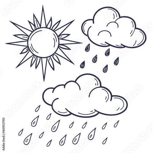 Sun and raining clouds doodle weather drawing