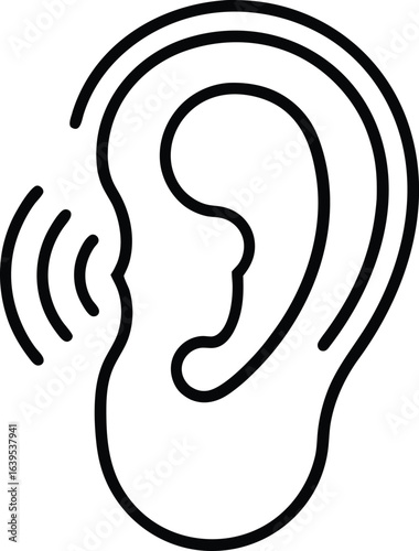 Simple line art icon of a human ear with sound waves indicating hearing or listening