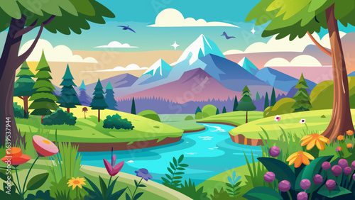 Vector art of vibrant cartoon landscape with a winding river flowing through green hills towards majestic snowcapped mountains under a bright blue sky with fluffy clouds