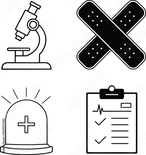 Set of four hand drawn medical icons representing science first aid emergency and patient care