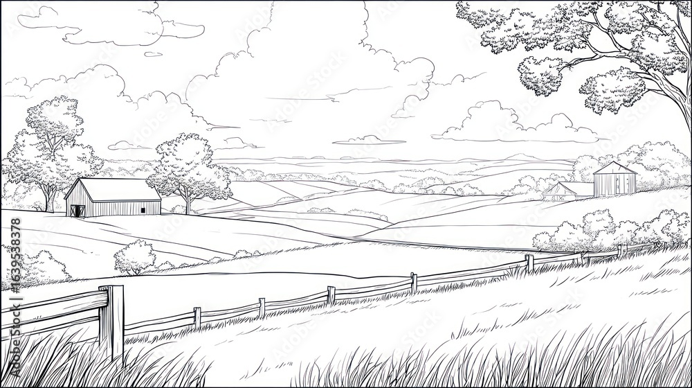 Fototapeta premium Black and white countryside landscape drawing