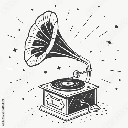 Vintage gramophone playing music record player retro