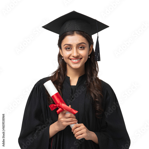 Young Indian Female Graduate in Cap and Gown Holding Diploma with Cheerful Smile, Transparent Background