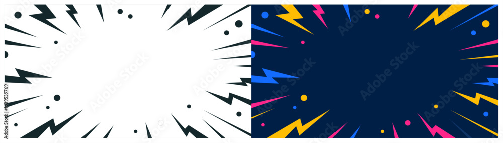 Colorful background with cartoon lightning vectors. Comic or manga design template for posters. Explosive illustration design.