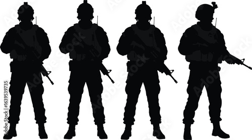 WebSoldier silhouettes, rifle, helmet, gear, standing, formation, military, vector, black, combat, army, pose