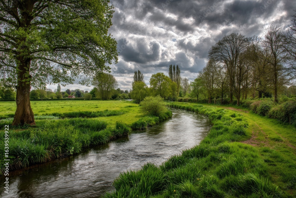 Fototapeta premium River Through Green Field Landscape