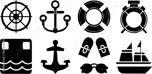 Illustration of nautical themed icons including a ship wheel anchor life preserver bed sunglasses and boat | editable eps vectors silhouette