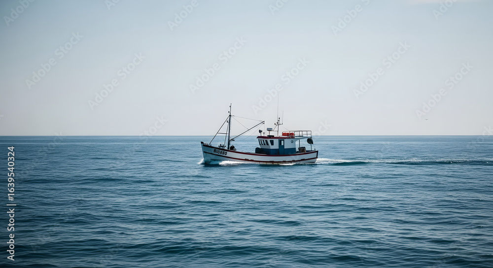 A lone fishing boat sails across the calm blue ocean under a clear, bright sky. A lone fishing boat sails across the calm blue ocean under a clear, bright sky.