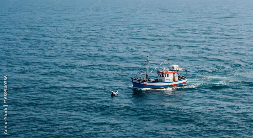 Naklejka premium A small fishing boat sails on the vast blue ocean, followed by a single seabird.