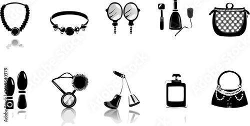 Illustration of various fashion and beauty accessories including jewelry and handbags on white background | editable eps vectors silhouette