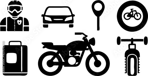 Illustration of a motorcyclist, car, map pin, bicycle sign, suitcase and bicycle front view | editable eps vectors silhouette