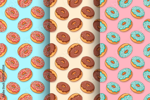 Cartoon donuts with blue, pink and chocolate glaze and colorful sprinkles. Vector seamless patterns collection.