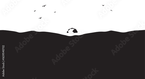 Sunset with layered hills in silhouette image white backgrpound.