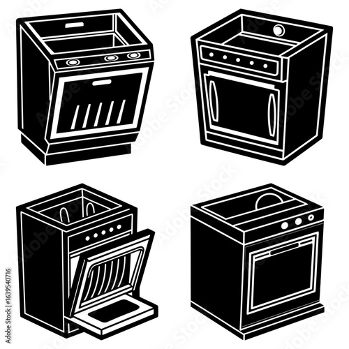 Four black and white isometric illustrations of dishwashers with varying door positions and interior views