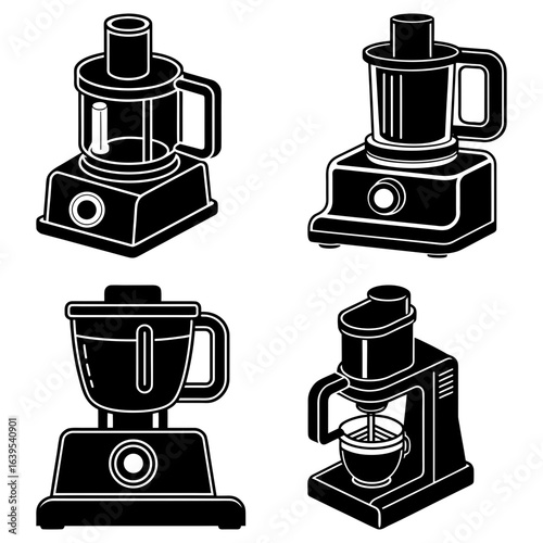 Illustration showcasing four different styles of kitchen food processors and stand mixers in black and white
