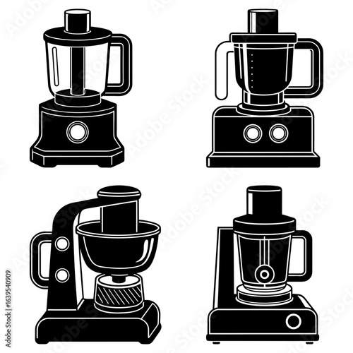 Four different styles of black and white food processors arranged in a square pattern on white background