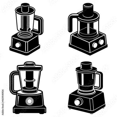 Illustration of four black and white kitchen appliances including blenders and food processors arranged neatly