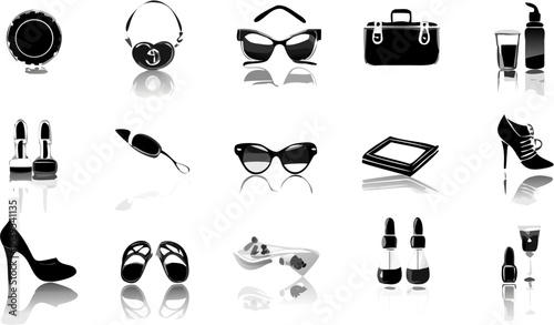 Illustration of various fashion and beauty items including shoes sunglasses and accessories in black and white | editable eps vectors silhouette